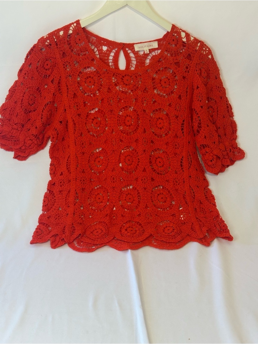 Solitaire Bright Red Crochet Lace Short-Sleeve Blouse